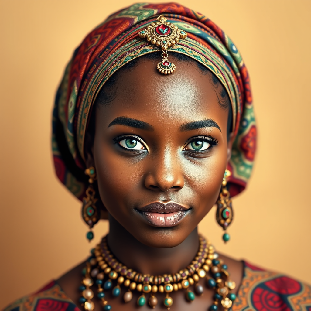Create a portrait of a beautiful Igbo woman with striking green eyes and a gentle expression. She is adorned in traditional attire with intricate patterns, including a richly embroidered headscarf and matching garments. Her jewelry includes a delicate headpiece, dangling earrings, and ornate bracelets, all featuring vibrant gemstones and detailed metalwork. The background is soft and warm, enhancing the rich colors of her outfit and jewelry.