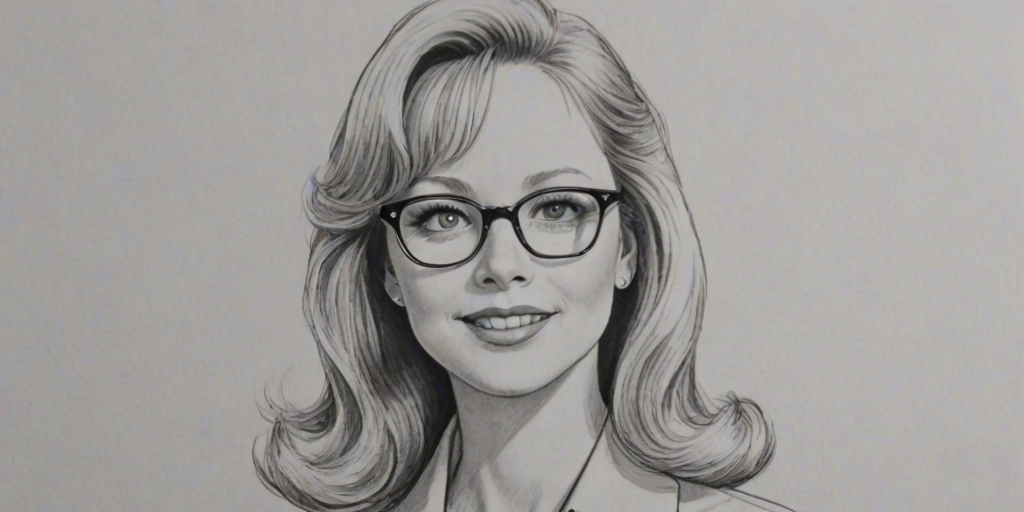 Resplendent Shelley Long, pencil sketch, portrait of Wonderful woman 1952s in glasses, hair style beatnik, outline, clear lines, fine lines, 8k