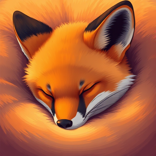 Create a vibrant and stylized illustration of a sleeping fox, focusing on soft curves and warm colors, captured in high resolution with a digital art style, using a zoom lens for close-up details and vibrant lighting to enhance depth and contrast.