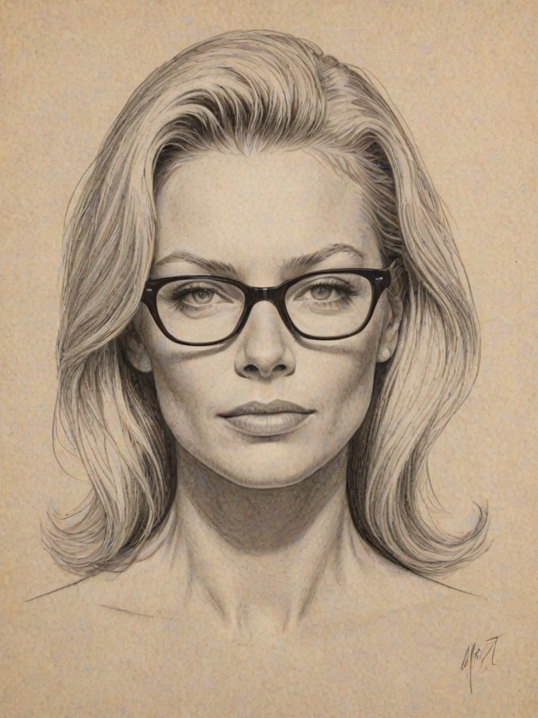 Fetching Peta Wilson, pencil sketch, portrait of Graceful woman 1951s in glasses, hair style beatnik, outline, clear lines, fine lines, 8k
