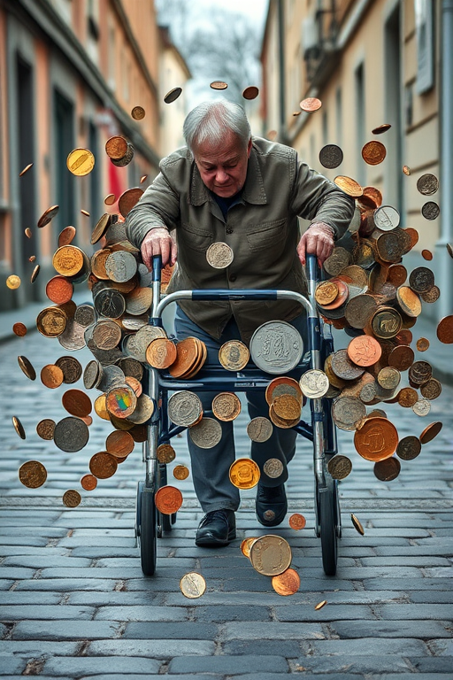 Create an image of an elderly person using a walker on a cobblestone street, merging seamlessly with a burst of various coins, captured with a DSLR camera at f/2.8, ISO 100, shutter speed 1/200s, in a close-up view with a shallow depth of field.