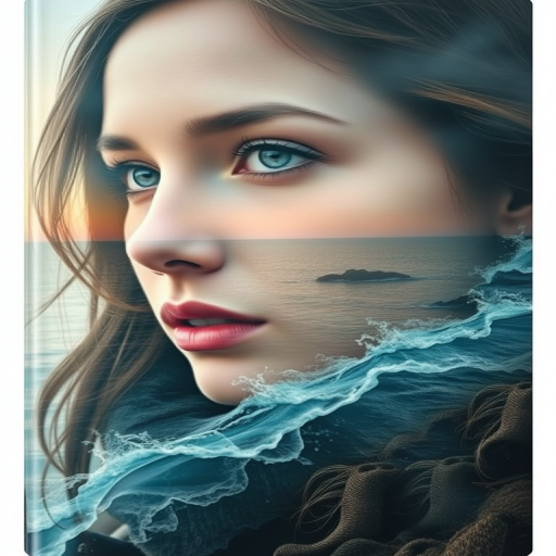this photo is Book cover, A surreal double exposure portrait that blends a woman's face with a beautiful seascape. The overall mood is dreamy and mystical, with rich colors and intricate details