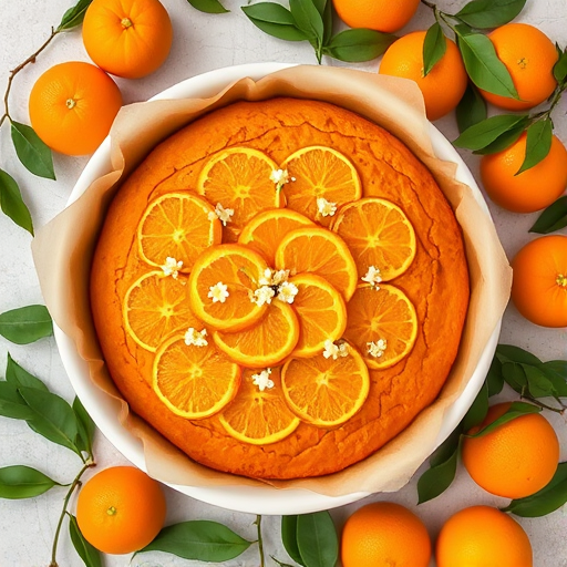 A round orange cake topped with orange slices and small white flowers in a white baking dish lined with parchment paper surrounded by fresh oranges and green leaves on a light textured surface.