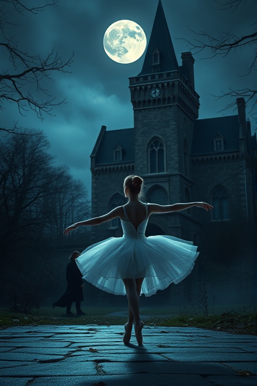 Create an enchanting scene featuring a ballet dancer in a delicate tutu performing under a full moon near a gothic castle, with a mysterious figure in the background, captured with a Canon EOS R5, 50mm f/1.2 lens, ISO 100, f/2.8, 1/125s, with a cinematic style and soft focus to enhance the mystical atmosphere.