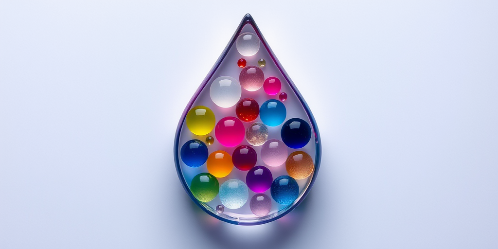 Create an abstract image of a colorful drop shape filled with smaller teardrop shapes in various colors, using a macro lens with f/2.8 aperture, ISO 100, 1/200 sec shutter speed, shot from a top-down view to enhance detail and clarity.