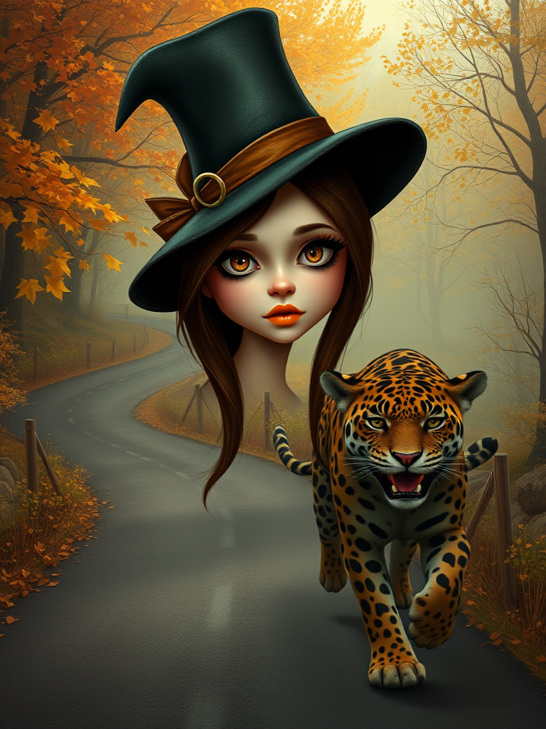 digital art fantasy depicting a strange girl with brown hair, long eyelashes, Yellow lipstick and a tall hat walking along a winding road on an autumn afternoon, an Jaguar smiles as she passes