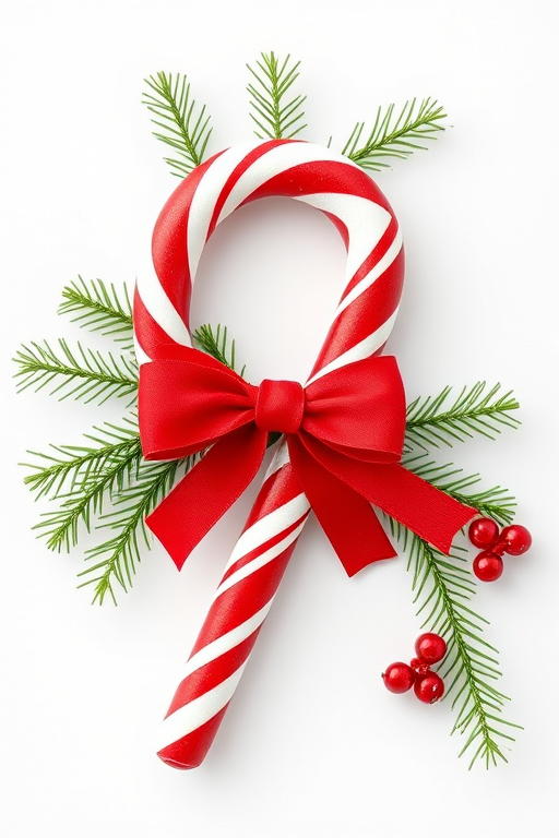 create a high-quality image of a Christmas candy cane adorned with festive greenery and a red bow against a white background, using a Canon EOS R5 camera with an aperture of f/2.8, a shutter speed of 1/125 sec, ISO 100, in macro view to enhance details, and utilize soft lighting for a warm holiday feel