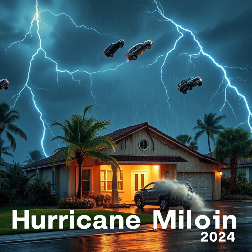 Hurricane Milton blows a roof off a home. Strong winds and rain blows sideways. Palm trees uprooted and bent over. Cars flying through the sky with debris. Sky is dark with thunder storms. Lightning strikes are fluorescent blue. Add text Hurricane Milton 2024