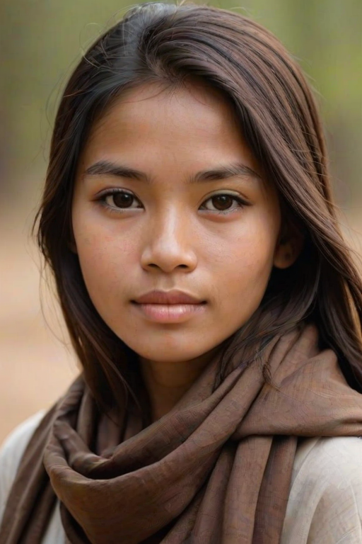 Create a portrait of a young Cambodian male with long, dark hair and captivating hazel eyes. She is wearing a brown headscarf and a matching scarf draped gracefully around her neck. The background is softly blurred, focusing attention on her serene and natural expression. The overall color palette is muted and warm, enhancing the intimate and authentic feel of the portrait.