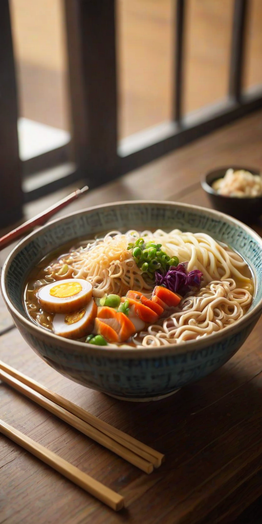 Warmly lit photo of a steaming bowl of ramen on a wooden table, with soft natural light from a nearby window highlighting the vibrant colors of the vegetables and a pair of chopsticks resting on the edge.