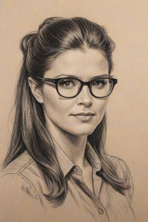 Fetching Danica Patrick, pencil sketch, portrait of Splendid woman 1944s in glasses, hair style beatnik, outline, clear lines, fine lines, 8k