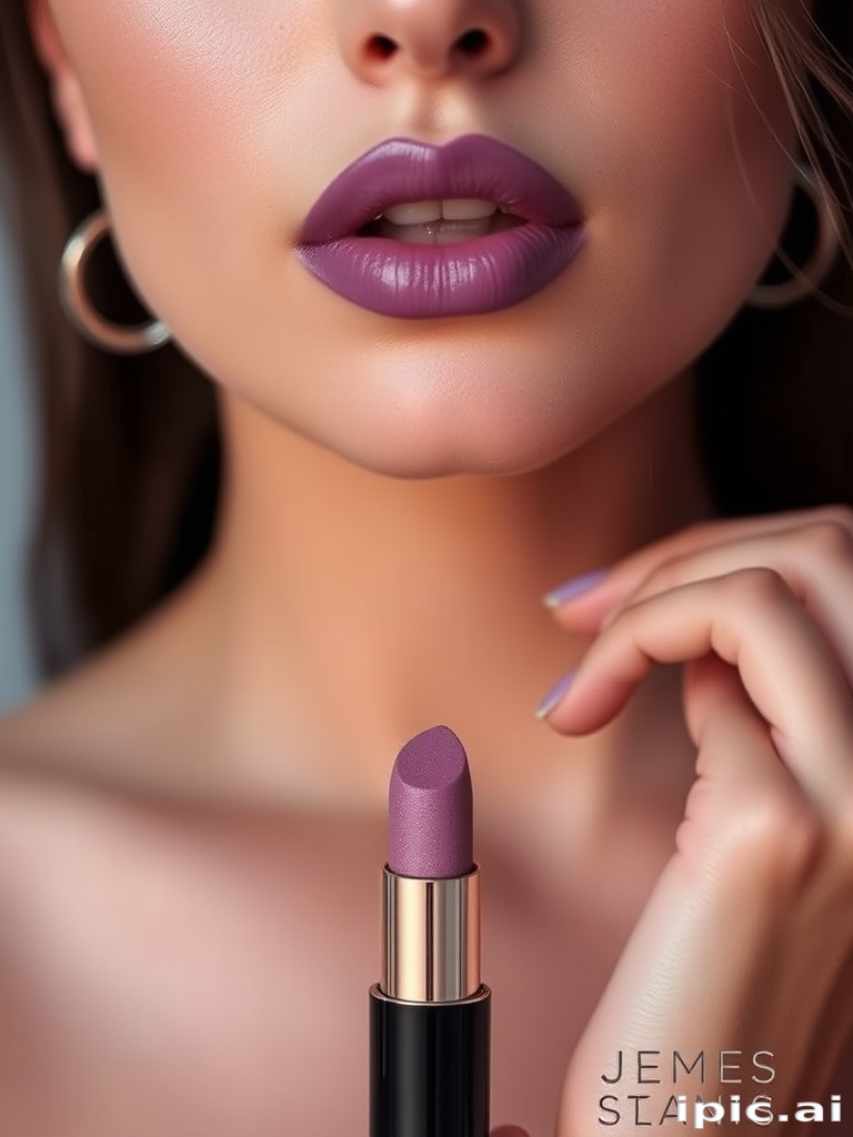 Elegant "Moonlit Mauve" lip style boasts a soft, matte lavender hue with subtle shimmer, evoking the ethereal beauty of twilight and enhancing natural lip contours with its velvety texture