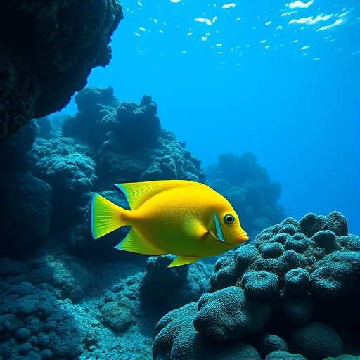 Create a vibrant underwater scene featuring a yellow fish swimming among intricate coral patterns with a palette of blues and blacks, using a DSLR camera with a wide-angle lens, aperture set to f/8, ISO 200, 24mm focal length, in a bright, high-contrast style.