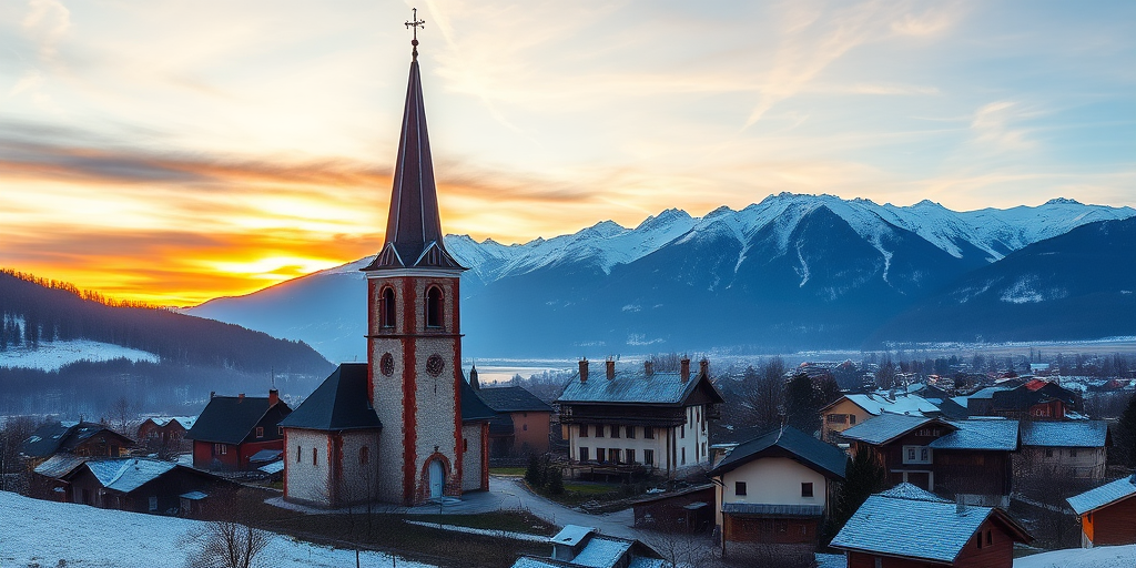 Create an image of a picturesque village at sunset with a prominent church tower in the foreground and snow-capped mountains in the background, captured with a DSLR camera at f/8 aperture, ISO 200, 1/60 sec shutter speed, wide-angle view, and vibrant colors to enhance the serene landscape.