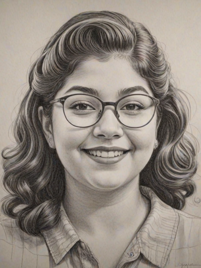 Graceful Raini Rodriguez, pencil sketch, portrait of Fascinating woman 1941s in glasses, hair style beatnik, outline, clear lines, fine lines, 8k