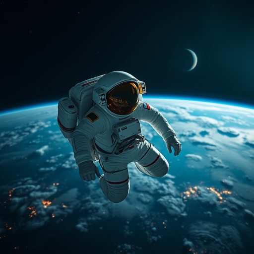 Create a hyper-realistic image of an astronaut floating in space with Earth visible in the background, using a Canon EOS R5, 50mm lens, aperture f/1.8, ISO 100, at night with dramatic lighting and a wide-angle view to enhance depth and detail.