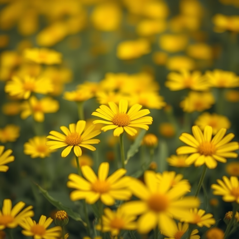 Capture a field of vibrant yellow flowers in soft focus, using a DSLR camera with a 50mm lens at f/1.8, ISO 100, shutter speed 1/200s, in a close-up view with natural light to enhance texture and detail.
