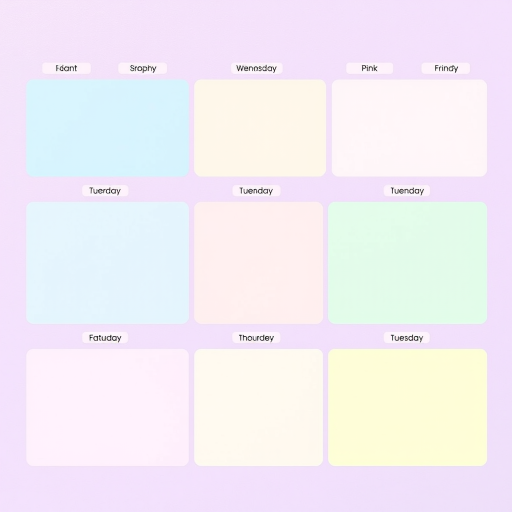 Create a vibrant weekly planner layout on a pastel purple background with labeled sections for each day of the week using light blue, beige, green, pink, and pastel colors for boxes, include clear labels, high resolution, shot with a DSLR camera at f/2.8 aperture, 50mm lens, in natural light.