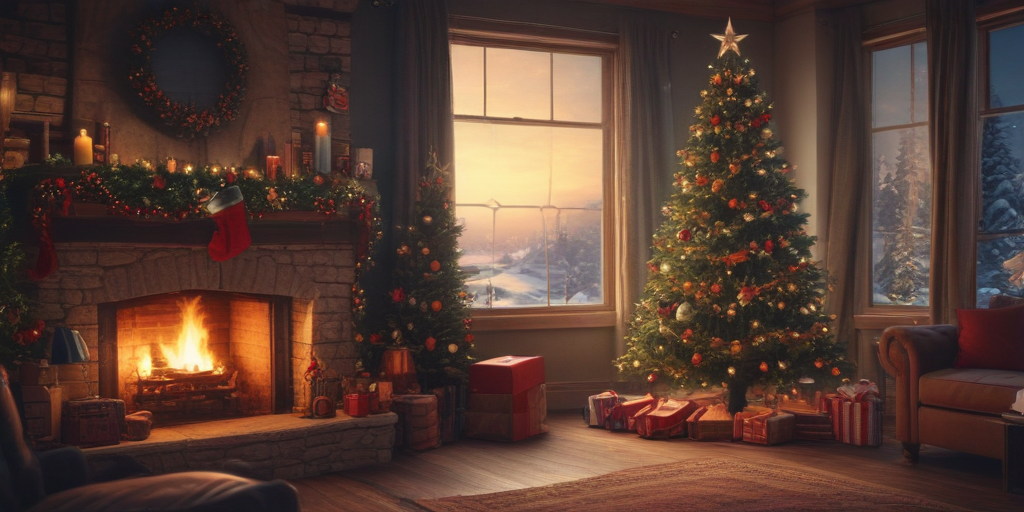 A Cozy Christmas Scene with a Beautifully Decorated Tree and Fireplace