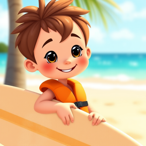 Create a digital illustration of a cheerful cartoon child with brown hair holding a surfboard, wearing an orange life vest and striped shorts, in a bright beach setting, using a Canon EOS R5 with a 50mm lens at f/1.8, ISO 100, and a shallow depth of field to enhance focus on the character and soften the background.