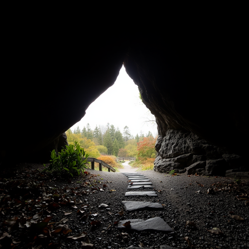 A natural landscape emerging from the darkness of a cave-like space, with rocks and vegetation covering the top and sides. Light filters through from above and a side opening, illuminating the dim interior. The foreground features a ground covered in fallen leaves and gravel with a stone path leading outward. The middle ground, viewed through the opening, reveals outside scenes including trees, bushes, and a small bridge, with vivid plant colors contrasting against the cave's shadows. The background is an open sky and more trees, with the sky bright white indicating clear weather. Overall, the image presents a tranquil and mysterious transition from darkness to light. high quality photo, ultra-detailed, sharp focus, photorealistic, serene and mystic atmosphere.