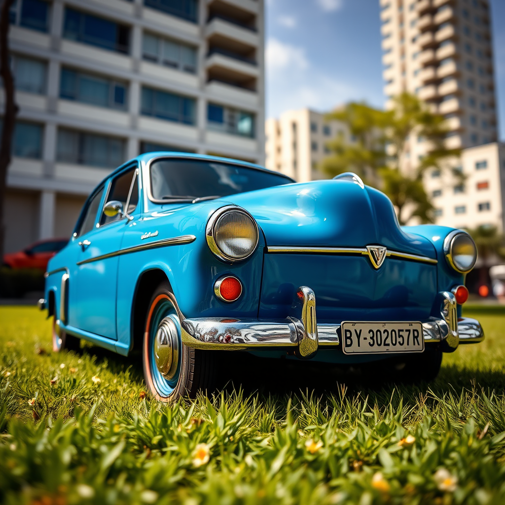 capture a vintage car in a vibrant blue color parked on lush green grass with a blurred urban background using a DSLR camera with 50mm lens, aperture f/1.8, ISO 100, and soft focus for depth, shooting from a low angle to emphasize the car's features and reflections in bright daylight