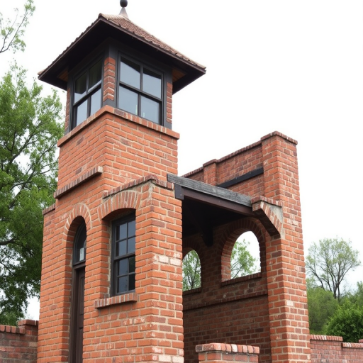 Capture a detailed shot of a vintage guard tower with weathered brick structure, focusing on the unique architectural features, using a DSLR camera, aperture f/8, ISO 100, shutter speed 1/200 sec, 50mm lens, natural lighting, taken at eye level for a realistic perspective.