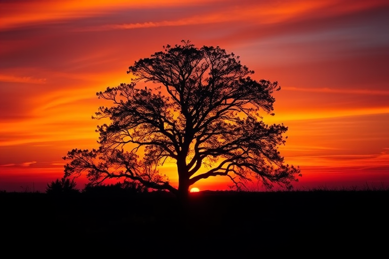 Create a high-resolution image of a stylized tree silhouette at sunset with vibrant orange and purple hues in the sky, using a DSLR camera at f/8 aperture, ISO 100, 1/100 sec shutter speed, shot from a low angle to capture the foreground and background detail, in landscape orientation.
