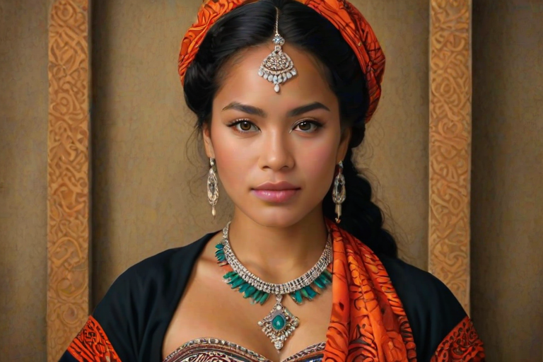 Create a portrait of a beautiful Tongan woman with striking black eyes and a gentle expression. She is adorned in traditional attire with intricate patterns, including a richly embroidered headscarf and matching garments. Her jewelry includes a delicate headpiece, dangling earrings, and ornate bracelets, all featuring vibrant gemstones and detailed metalwork. The background is soft and warm, enhancing the rich colors of her outfit and jewelry.