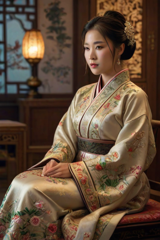 A beautiful woman in traditional East Asian attire, intricately detailed with embroidered patterns, sitting gracefully in a richly decorated room, soft ambient lighting, serene and elegant, ultra-realistic, 8K resolution