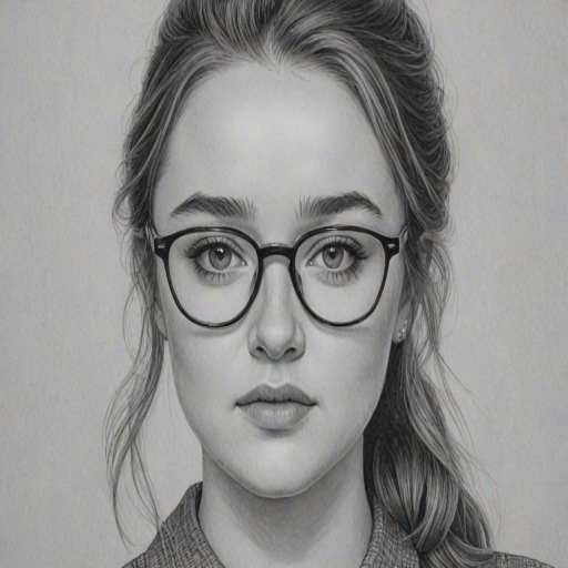 Exquisite Kaitlyn Dever, pencil sketch, portrait of Enticing woman 1961s in glasses, hair style beatnik, outline, clear lines, fine lines, 8k