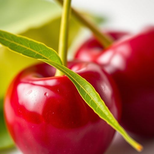 Create a hyper-realistic image of two cherries with a green leaf, using a macro lens, f/2.8 aperture, 1/200 sec shutter speed, and natural light, focused on vibrant colors and fine details.