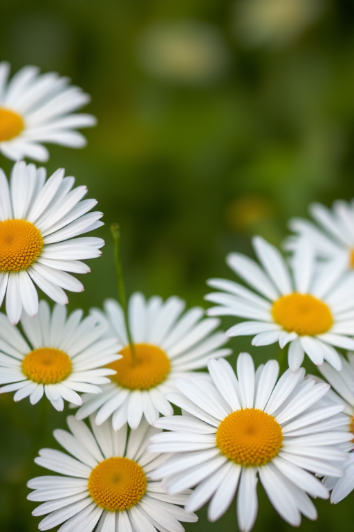 A close-up shot of vibrant white daisies with yellow centers against a blurred green background, taken with a DSLR camera, 50mm lens, aperture f/2.8, shutter speed 1/200s, ISO 100, natural lighting.