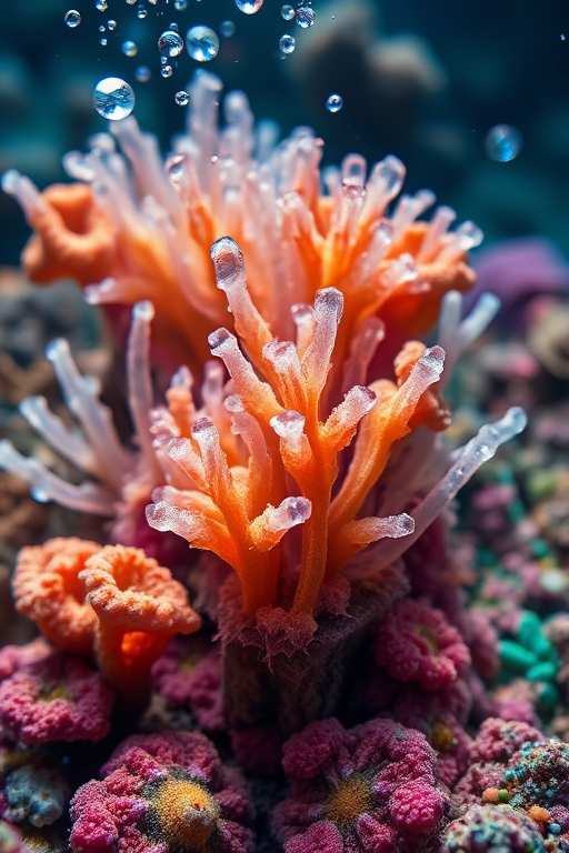 Create an abstract image of a vibrant underwater scene filled with crystalline structures and colorful coral formations, captured with a DSLR camera using a macro lens, f-stop 2.8, ISO 200, at a 100mm focal length, soft focus background, high dynamic range.