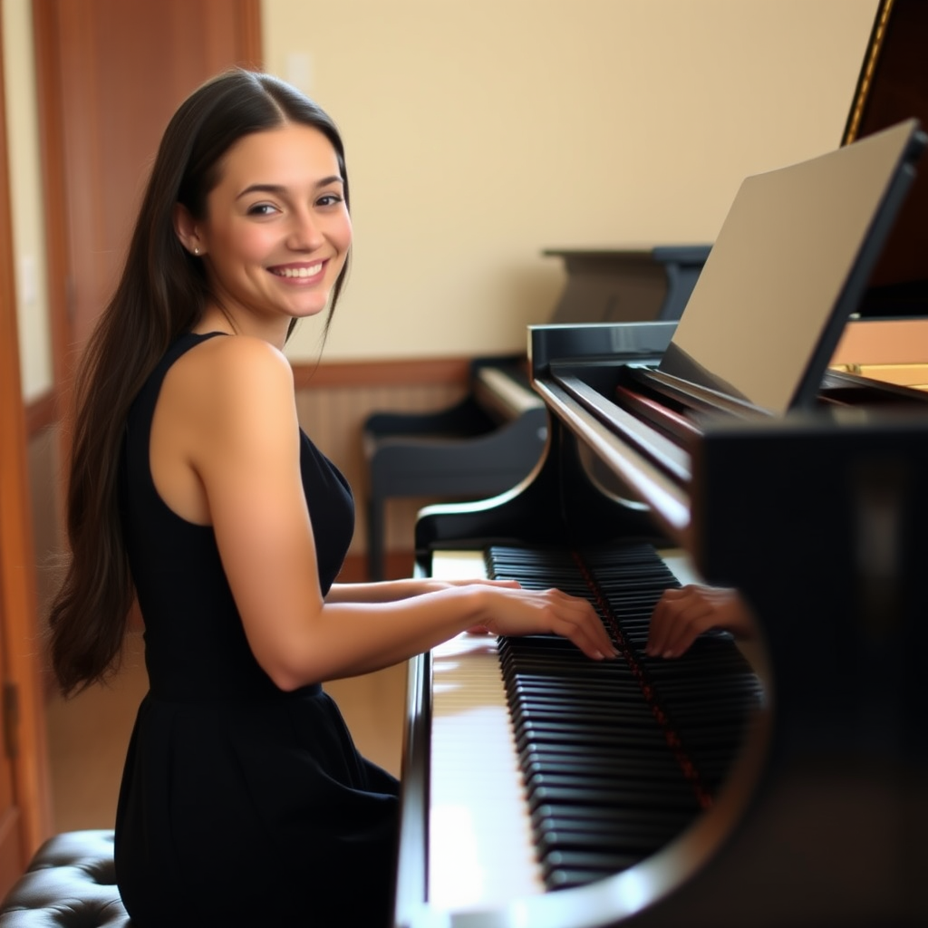A young woman with long, dark hair smiles at the viewer as she sits at a grand piano, her right hand poised over the keys. The scene is lit by warm, natural light, highlighting the elegant simplicity of the woman's black dress. The perspective is from the side, emphasizing the contrast between the woman's delicate form and the grand scale of the piano. The ivory keys and dark wood of the piano create a striking visual contrast, further emphasized by the rich black of her dress.