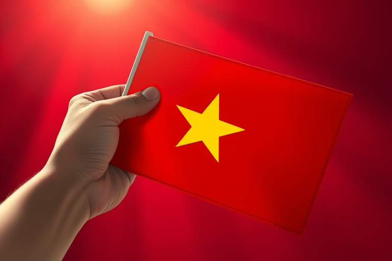 Create a high-resolution illustration of a hand holding a Vietnamese flag with a prominent red background and a bright yellow star, captured in a close-up view using a DSLR camera at f/2.8 aperture, ISO 100, and a focal length of 50mm for sharp detail and vibrant colors.