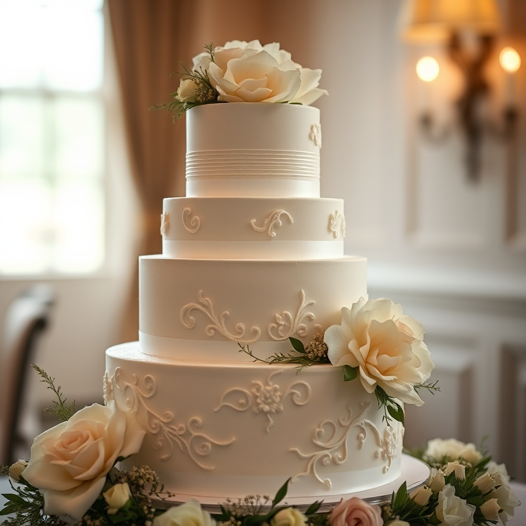 Regenerate the image of a four-tier wedding cake with intricate white floral decorations and soft lighting, using a 50mm lens at f/2.8 aperture, with a shallow depth of field, captured from a slightly elevated angle, in a soft focus photography style with a DSLR camera.