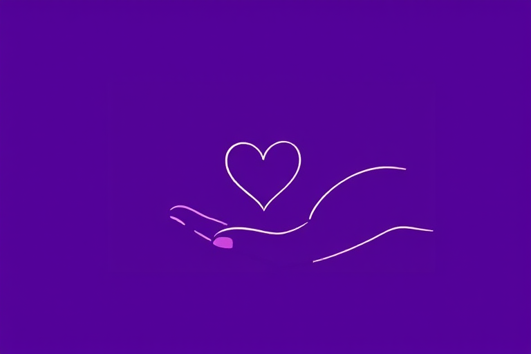 A minimalist line drawing of a hand gently holding a small heart, with a deep purple background, taken with a DSLR camera, f/2.8 aperture, 50mm lens, 1/200 sec shutter speed, and soft lighting for enhanced contrast and clarity.