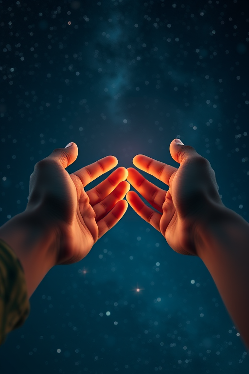 Create a high-resolution digital illustration of two hands reaching towards each other against a starry night sky background, capturing intricate details in the hands, using a Canon EOS R5 with a 50mm f/1.2 lens at ISO 100, aperture f/2.8, and 1/125s shutter speed, in a close-up view with a soft focus on the background to enhance depth.