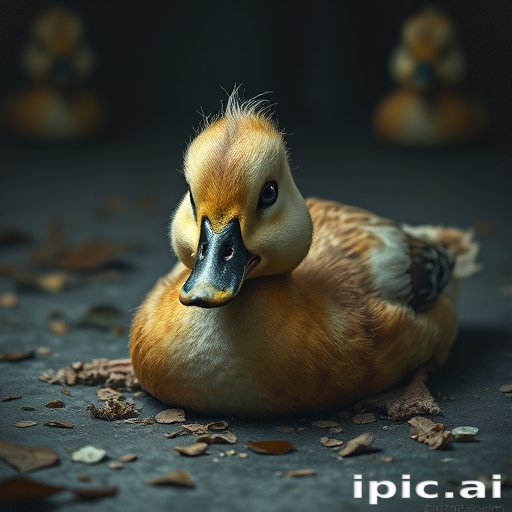 Stunning image of a cute adorable tired looking wacky duck laying flat on the ground, no emotions, moody, grainy, noisy, concept art, by Alberto Seveso, Cyril Rolando, Dan Mumford, Meaningful Visual Art, Detailed Painting, Digital Illustration,