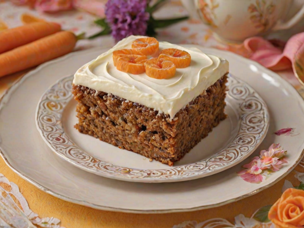 Generate an image of a dessert resembling a moist carrot cake square topped with swirls of cream cheese frosting. The cake is placed on a decorative plate with floral designs, and there are hints of orange zest and other fruits in the background. The overall presentation should look inviting and appetizing.