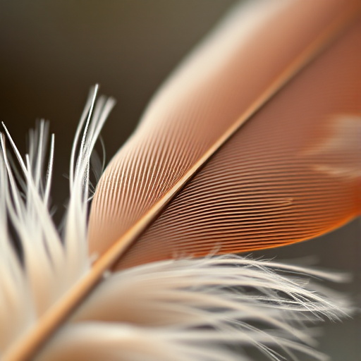 A close-up of a delicate feather with subtle browns and creams, soft natural lighting, DSLR camera, f/2.8 aperture, 50mm lens, shallow depth of field for a blurred background, high resolution.
