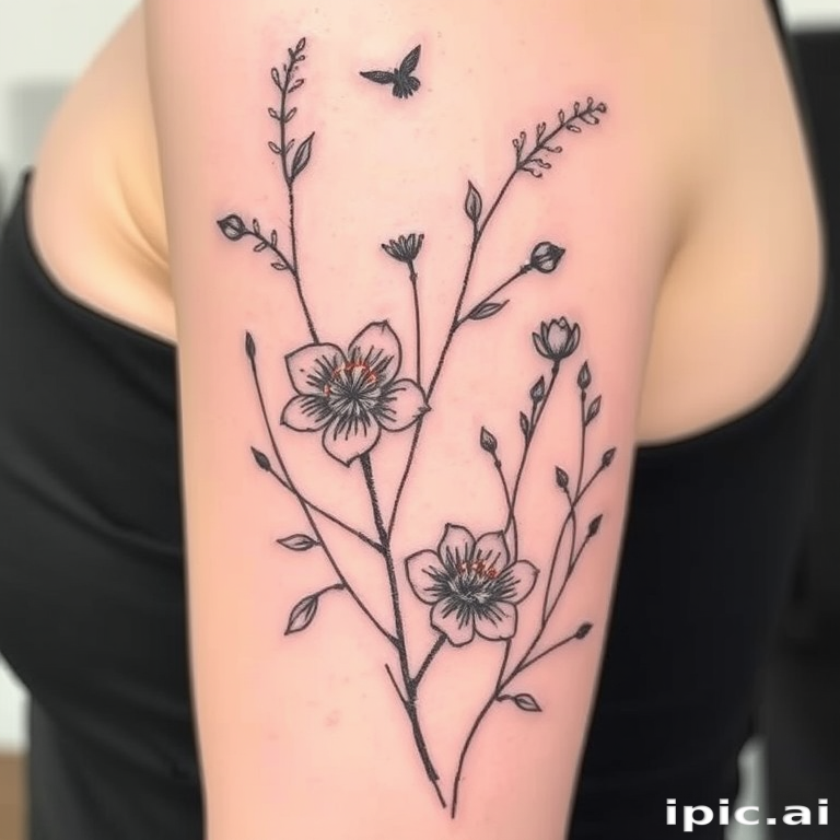 Sketch style tattoo called "Ephemeral Nature" showcasing flora and fauna with loose, gestural lines and subtle shading to create a hand-drawn appearance