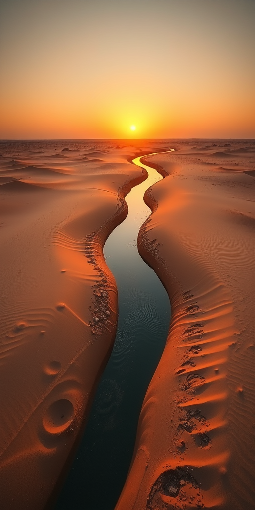 High-resolution image of a river meandering through a sandy landscape during sunset, captured with a DSLR camera, 24mm lens, f/8 aperture, ISO 100, at a low angle with a wide shot to enhance depth and detail.
