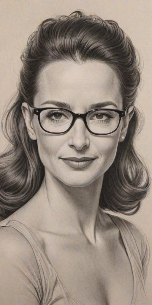 Resplendent Kristin Davis, pencil sketch, portrait of Superb woman 1944s in glasses, hair style beatnik, outline, clear lines, fine lines, 8k