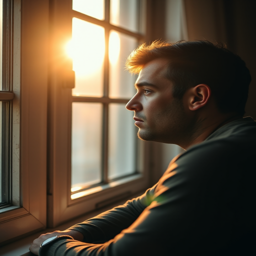 portrait of a man in profile sitting by a window with warm light streaming in soft natural lighting, focal length 50mm, aperture f/1.8, ISO 100, shallow depth of field, DSLR camera, soft focus aesthetic