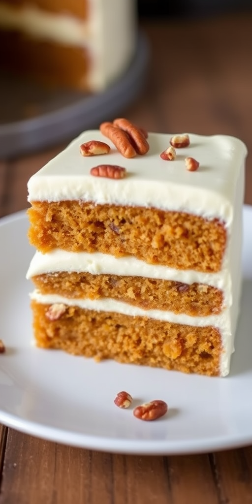 A slice of moist carrot cake layered with creamy cheesecake filling topped with smooth white frosting and sprinkled with chopped pecans served on a white plate with a rustic background.