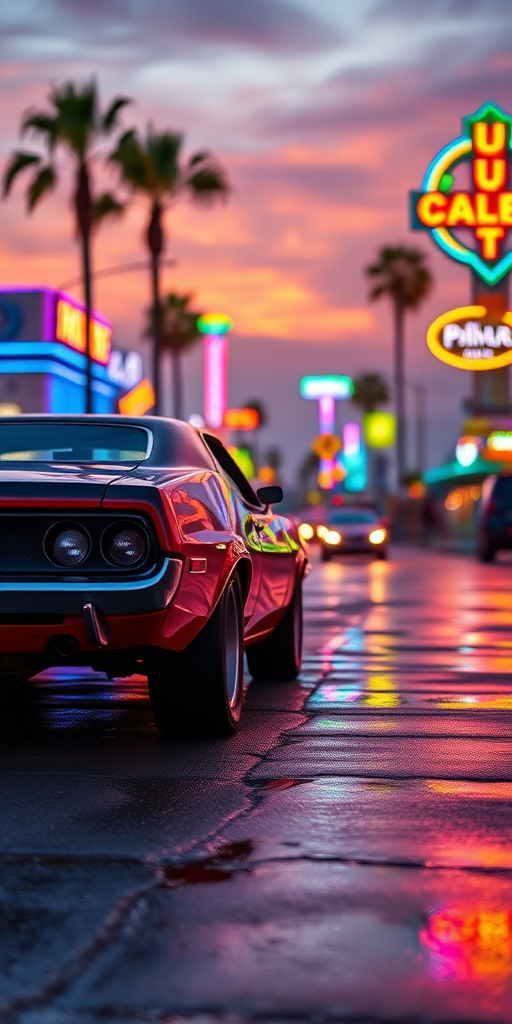 A vintage muscle car parked on a vibrant beachfront street at sunset, colorful neon lights reflecting off the wet pavement, depth of field focus on the car, 50mm lens, f/1.8 aperture, ISO 200, shot with a DSLR camera, evening golden hour lighting.