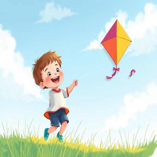 Create a vibrant illustration of a happy child flying a colorful kite on a clear blue sky background, using a digital painting style, with soft edges and a playful atmosphere; camera settings: ISO 100, aperture f/8, shutter speed 1/250s; camera type: digital SLR; camera view: eye level.