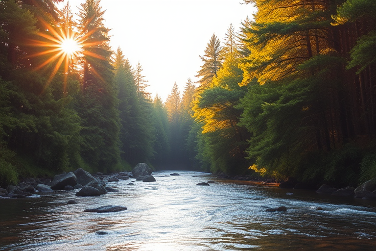 Create an image of a serene, sunlit forest scene with a clear, gently flowing river. Tall trees with lush green foliage line both sides of the river, their leaves bathed in the warm golden light of the setting or rising sun. The sunlight filters through the trees, casting soft, dappled light on the river, which flows over smooth rocks and pebbles, creating a peaceful, natural atmosphere. The sky is bright with a few scattered clouds, and the overall mood is tranquil, evoking a deep sense of connection with nature. The image captures the beauty of a calm, pristine forest landscape at either dawn or dusk.
